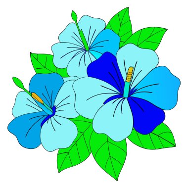 Mavi ve yeşil yaprakların çeşitli tonlarında tropikal amber çiçekleri.