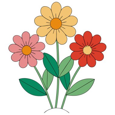 Yeşil yapraklı üç renkli karikatür çiçeğinin basit çizimi