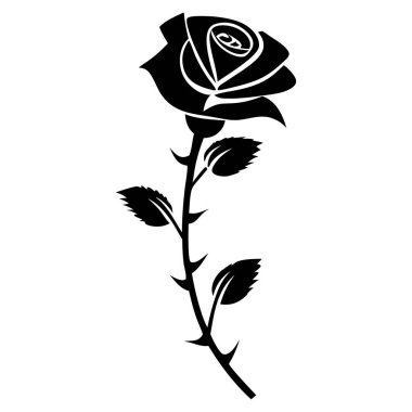 Sade bir arkaplanda dikenli yaprakları olan tek bir gülün zarif siyah silueti.