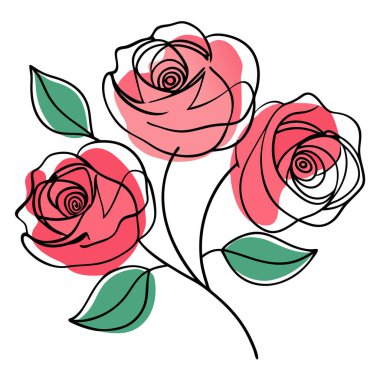 Arkaplanda yeşil yapraklı üç çiçek açan pembe gülün suluboya çizimi.