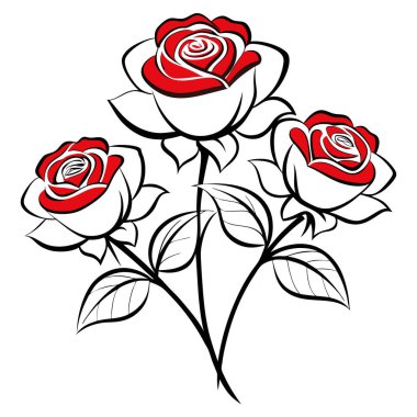 Üç canlı kırmızı gül ve yeşil yapraklar klasik çizim tarzında çizilmiş.