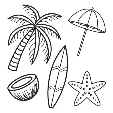 El çizimi tropikal plaj elementleri palmiye ağacı, sörf tahtası, denizyıldızı, şemsiye ve hindistan cevizi