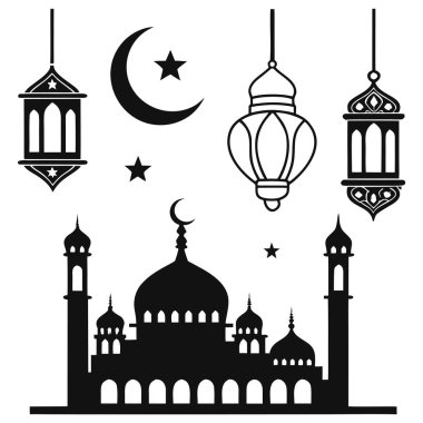 Hilal aylı, yıldızlı ve geleneksel fenerli İslami cami silueti kutlama için