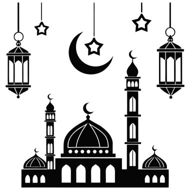 Hilal ay yıldızlı ve dini kutlamalar için fenerli İslami cami silueti.