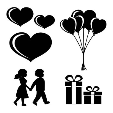 Kalpleri, balonları, hediyeleri ve el ele yürüyen çiftleri içeren romantik semboller koleksiyonu.
