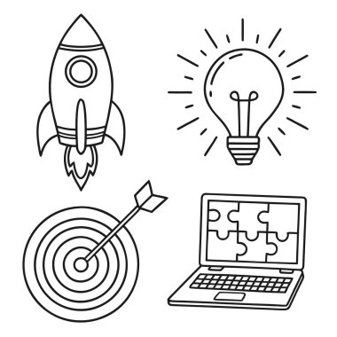 Yeni başlayan iş fikirlerini, yenilikçiliği ve strateji geliştirmeyi temsil eden el çizimi simgeleri