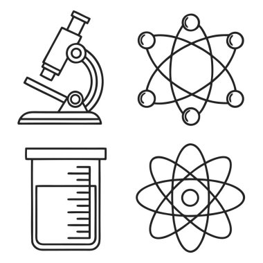 Basit el çizimleri bilim ve araştırmayı mikroskop, deney kabı ve atomlarla temsil ediyor.