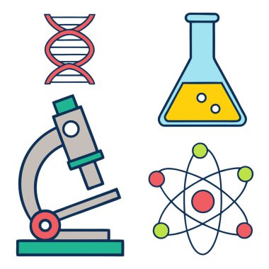 DNA, mikroskop, matara ve atom modelini içeren bilimsel simge koleksiyonu