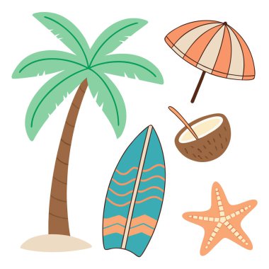 Palmiye ağacı, sörf tahtası, hindistan cevizi, denizyıldızı ve plaj şemsiyesinin renkli çizimi