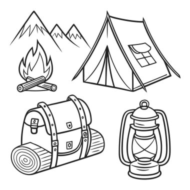 El yapımı kamp malzemeleri. Çadır, ateş, sırt çantası ve fenerle birlikte.