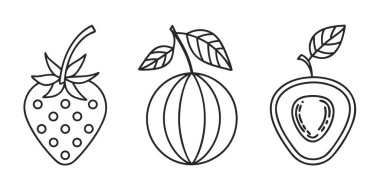 El çizimi çilek, kavun ve avokado boyama kitabı sayfası için izole edilmiş.