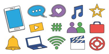 Beyaz arka planda elle çizilmiş sosyal medya ve iletişim simgeleri koleksiyonu