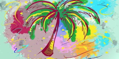 Renkli bir palmiye ağacının hareketli, soyut resmi fırça darbeleri ve tropikal bir his.