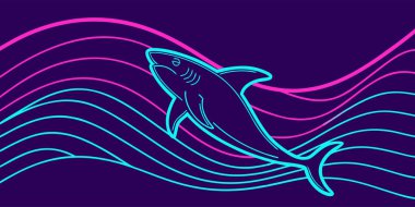 Stilize neon köpekbalığı soyut parlayan dalgalarda yüzüyor.