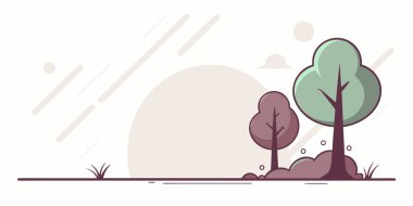 Arka planda büyük bir güneş veya ay olan çimenli bir tepede iki ağacın minimalist düz tasarımı