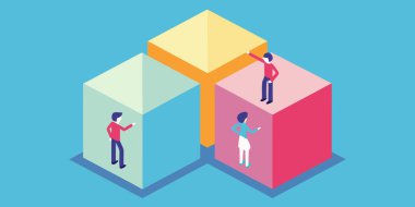 Geometrik blokları olan bir projede işbirliği yapan farklı insanların farklı bir çizimi