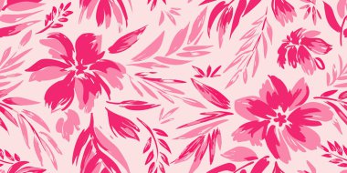 Yumuşak bir arka planda pembe fırça darbeleri ile canlı, soyut çiçek deseni