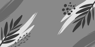 Soluk gri tonlu renk paletinde soyut organik şekiller ve bitkisel yaprak elementleri