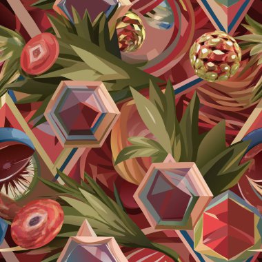 Geometrik şekiller ve tropikal elementlerle canlı soyut desen