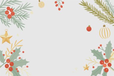 Çam dalları, kutsal meyveler ve yıldızlarla süslenmiş yılbaşı çelenkleri.