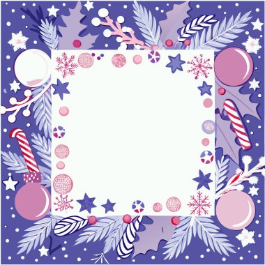 Şenlikli Noel ve kış tatili süsleri, kar taneleri ve baston şekerlerle sınırında.