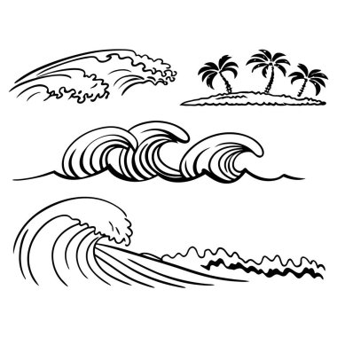 Bir dizi stilize okyanus dalgaları ve palmiye ağaçları olan küçük bir tropik ada.