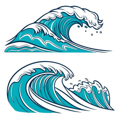 Beyaz köpük ve spreyle çarpan iki güçlü okyanus dalgasının dinamik çizimi