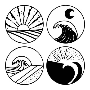 Okyanus dalgaları, gündoğumları ve günbatımlarını tasvir eden dört dairesel siyah beyaz çizgi resim simgesi.