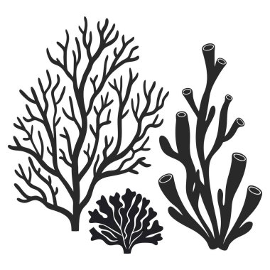 Çeşitli şekillendirilmiş siyah mercan ve deniz bitkisi siluetleri koleksiyonu