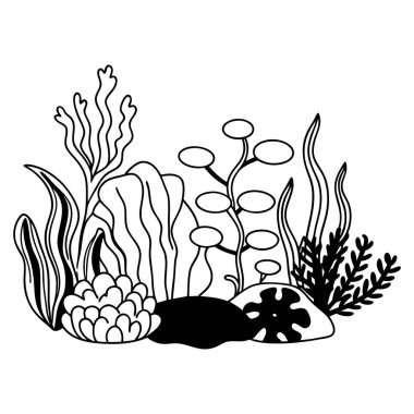 Su altı mercan resifleri ve deniz yosunlarının basit siyah beyaz çizgisi.