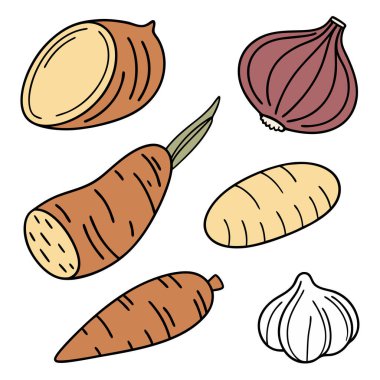 Taze sebze, soğan, sarımsak, patates ve havuç seti, organik tarım gıdalarının elle çizilmiş vektör çizimi