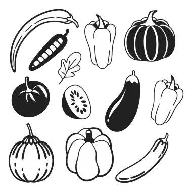 Siyah ve beyaz sebze ikonları, balkabağı, domates, biber ve patlıcan siluetleri, vektör illüstrasyon koleksiyonu