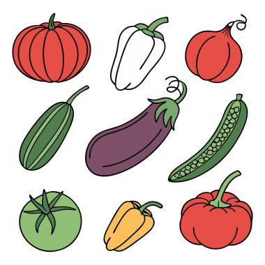 Renkli el yapımı sebze koleksiyonu, organik bahçe kırmızı balkabağı, patlıcan, yeşil bezelye ve biberler dahil beyaz üzerine izole edilmiş.
