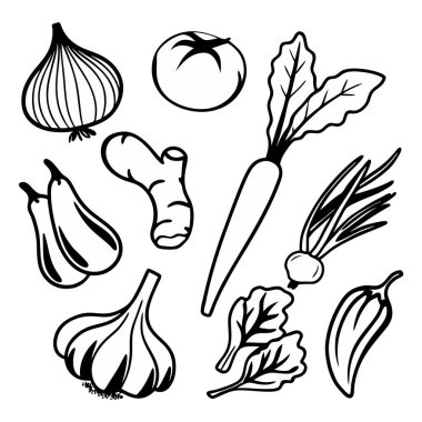 Basit ince çizgili sebze çizimleri, sarımsak, zencefil ve domatesli organik gıda ikonları, beyaz arka planda izole edilmiş minimalist mutfak çizimleri.