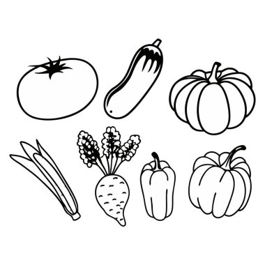 Basit siyah çizgili sanat sebzeleri, el çizimi organik bahçe ürünleri, domates, balkabağı, patlıcan ve dolma biber çizimleri, beyaz arka planda izole edilmiş taze sonbahar hasat çizimleri.