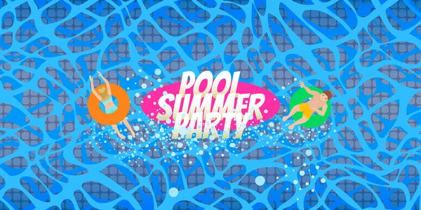 Zwembad zomerfeest. Mensen zwemmen in blauw water. Illustratieachtergrond. — Stockvector