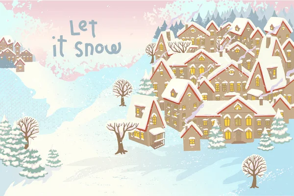 Winter landscape with snow village. Wooden houses. Vector illustration