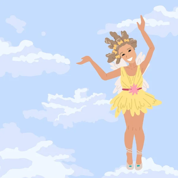 Niña, niña vestida de hada, un ángel con alas en el cielo, espectáculos de pie, símbolo del cumplimiento del sueño, vuelo en el cielo. Ilustración vectorial — Vector de stock