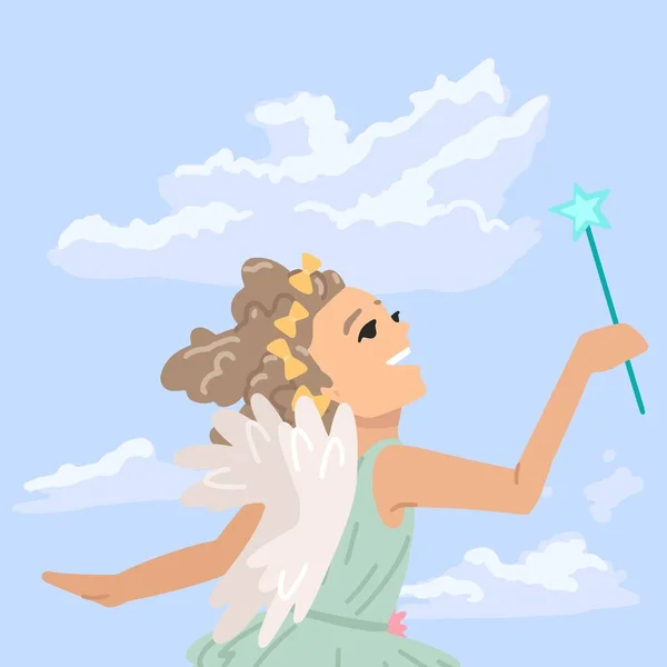 Girl dressed as a fairy, little angel flies in the sky, a little sorceress in the clouds. Vector character illustration. Cartoon style. — Stock Vector