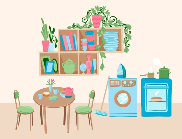 Kuchnia z meblami, stół z jedzeniem, kuchenka i pralka. Ilustracja wektora — Wektor stockowy
