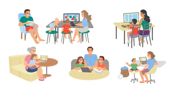 Les parents et les enfants étudient à l'ordinateur, font leurs devoirs, étudient en ligne, et les étudiants passent des examens à partir de l'ordinateur à la maison. Illustration vectorielle — Image vectorielle