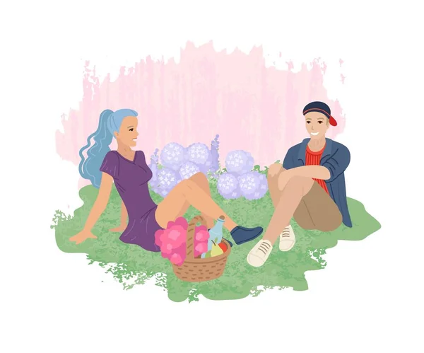 Chłopak i dziewczyna na randce. Piknik w parku na trawniku. Miłość, Walentynki, zakochana para. Ilustracja wektora. — Wektor stockowy