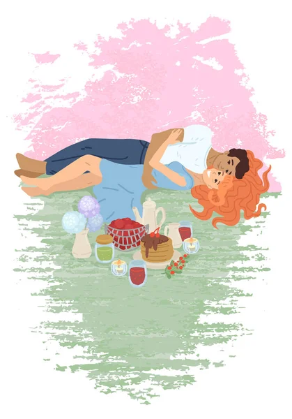 A bájos pár piknikezik a parkban. Vektor rajzfilm illusztráció — Stock Vector
