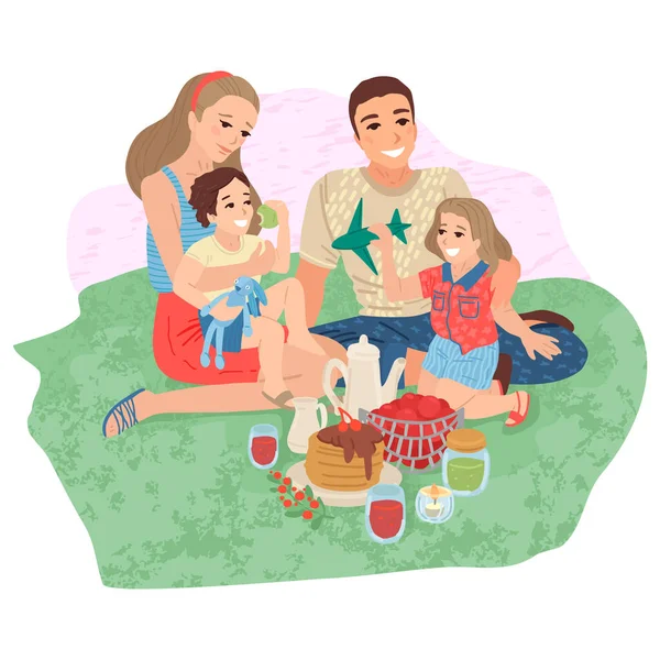Famiglia felice al picnic. Illustrazione del cartone animato vettoriale — Vettoriale Stock