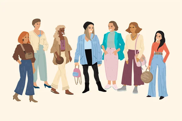 Diferentes razas y nacionalidades de mujeres. Un conjunto de personajes. Diseño de pancartas, ilustración de personas. — Vector de stock