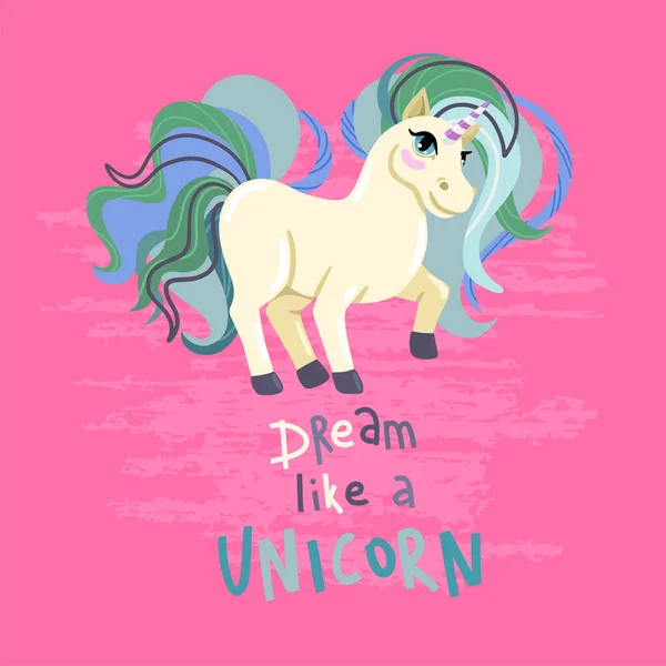 Unicorn Lettering: Mimpi seperti unicorn. Kuda ajaib, ilustrasi anak-anak di latar belakang merah muda. Gambar kartun vektor - Stok Vektor