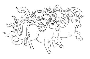 Bir çift çalışan tek boynuzlu at. Taslak çizimler, boyama çizimleri, çocuk çizimleri için siyah beyaz çizimler. Vektör çizgi film tasarımı.