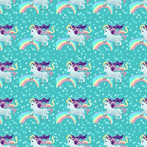 Patrón unicornio. Pony y estrellas. Patrón sin costura vectorial con unicornios blancos, arco iris y estrellas. Aislado sobre un fondo de color menta. — Vector de stock