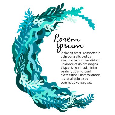 Pankarttaki yazı için çerçeve ya da kenar. Deniz tasarımı. Yapraklar ve algler, dalgalar ve su.