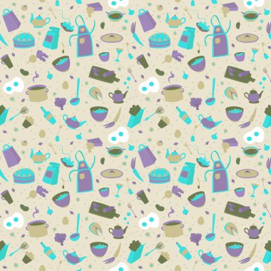 Yemek ve bulaşıklar. Vektör çizgi filmi kusursuz desen